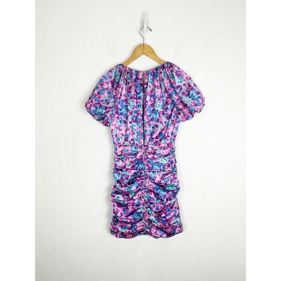 For Love & Lemons Tahiti Ruched Mini Dress Small Purple Floral Satin Cottagecore - Picture 13 of 14